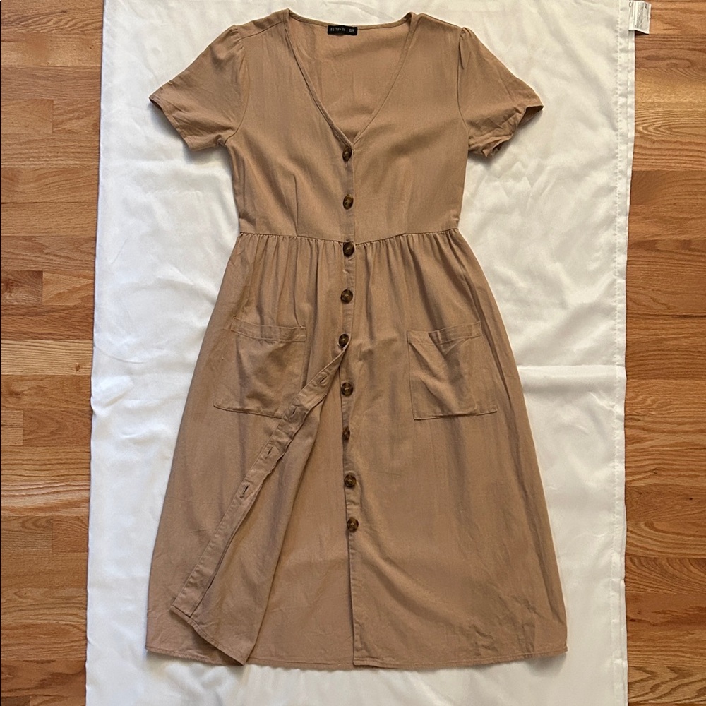 Linen Blend Cotton On Tan Button-Down Midi Dress w/ Pockets